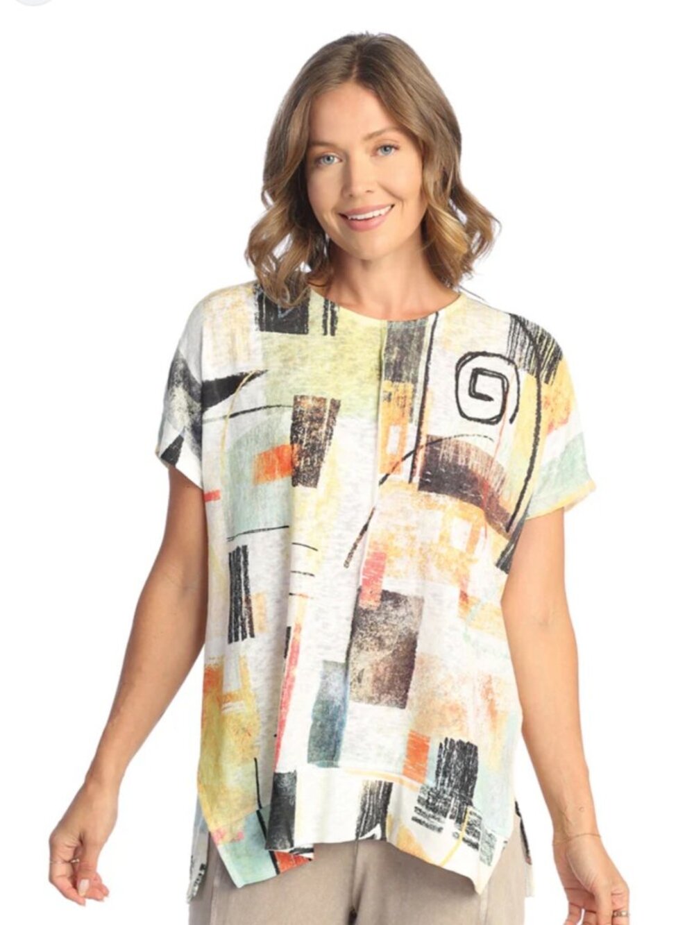 Jess & Jane Abstract Print Short Sleeve Tunic Top  S Casual Lightweight Artsy
